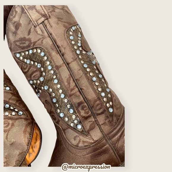 $429 Frye Daisy Duke Floral Metallic Brown Tan Rhinestone Pull On Cowboy Boot - Picture 11 of 15